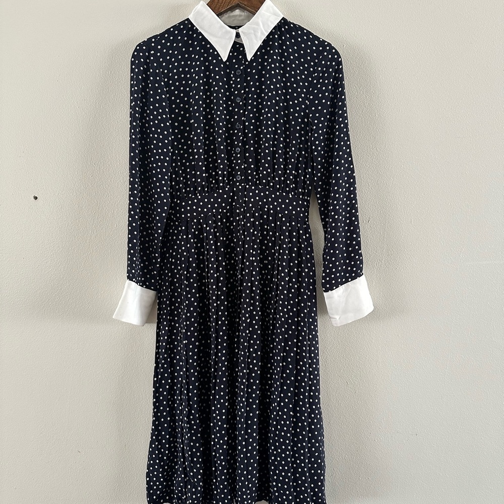 ZARA BASIC Navy Blue and White Polka Dot Dress